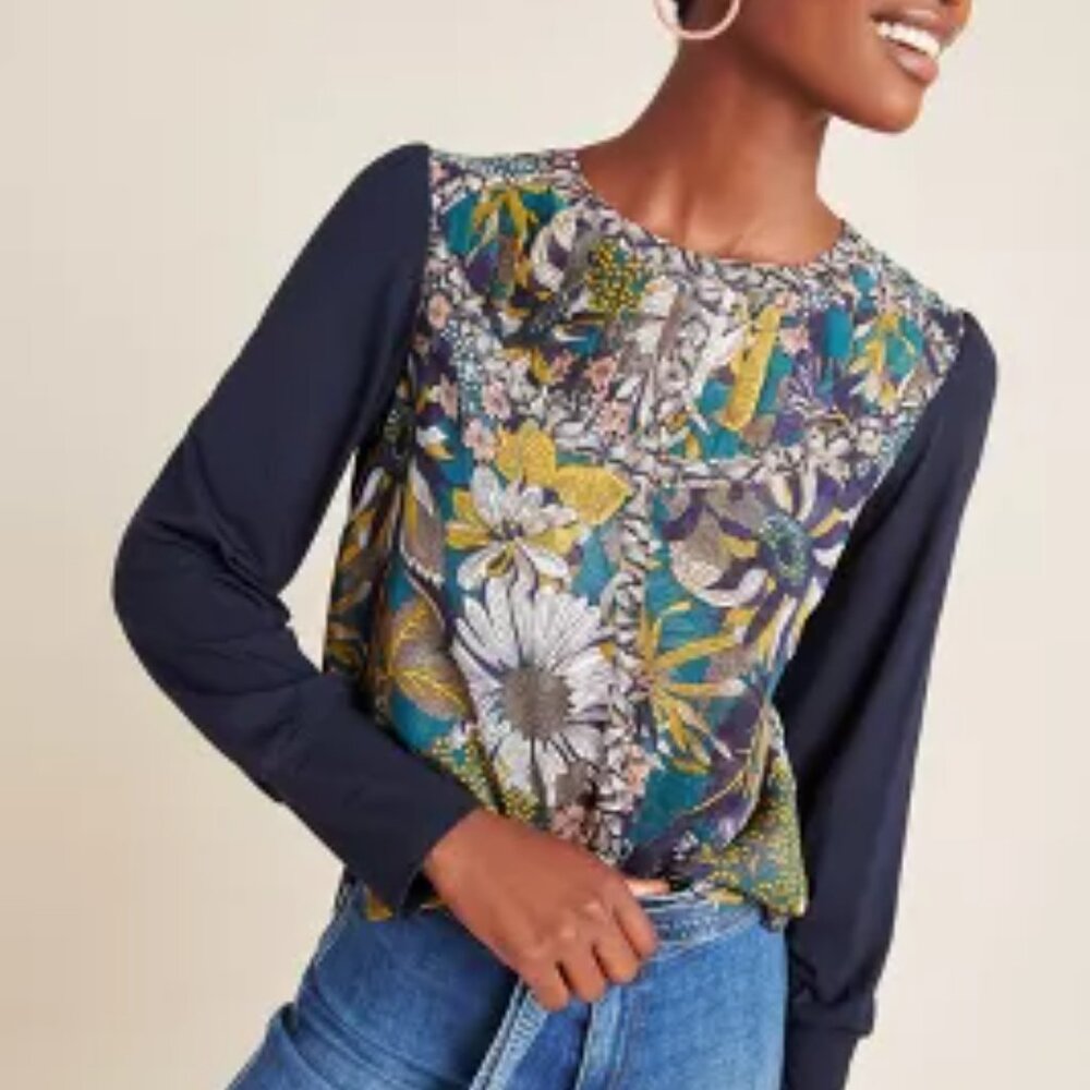 Anthropologie Tiny Wesley Blouse Womens Size L Navy Floral Pleated Dark Feminine